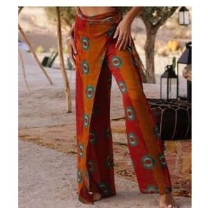 ZARA Orange Teal Circle Print Wrap Palazzo Pants Boho Festival Size S